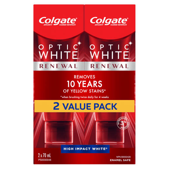 Colgate Optic White Renewal Toothpaste with 3% Hydrogen Peroxide, Value Pack, 2x70 mL