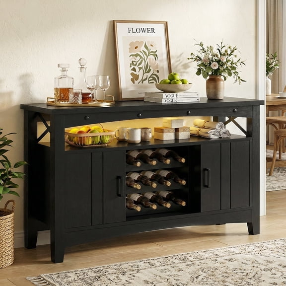 iSunirm Wine Cabinet with LED Lights, Farmhouse Liquor Cabinet with Detachable Wine Rack and Power Outlet, Bar Cabinet for Kitchen & Dining Room, Black