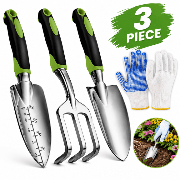 Gardening Hand Tool Set 3 Pack -Heavy Duty Gardening Kit with Non-Slip Soft Ergonomic Handle, Great Garden Gift for Women Men[Stainless Steel]