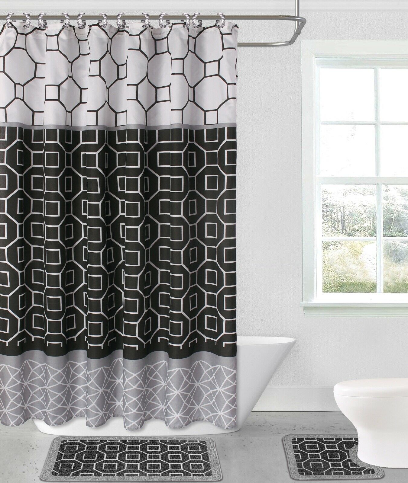 J V Textiles Designer Shower Curtain Set With Contour And Bath Rugs Black Bathroom Accessory Sets Home Kitchen Emosens Fr