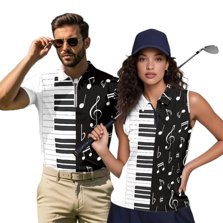 Aplkyhs Music Note Matching Golf Shirts for Couple 4-Way Stretch Women Workout Tops Athletic Sleeveless Shirts Lightweight for Golf Tennis Hiking Running Gym Quick Dry