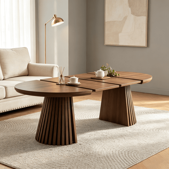 Homy Casa Extendable Oval Coffee Table, Walnut Wood Living Room Table with Storage Leaves