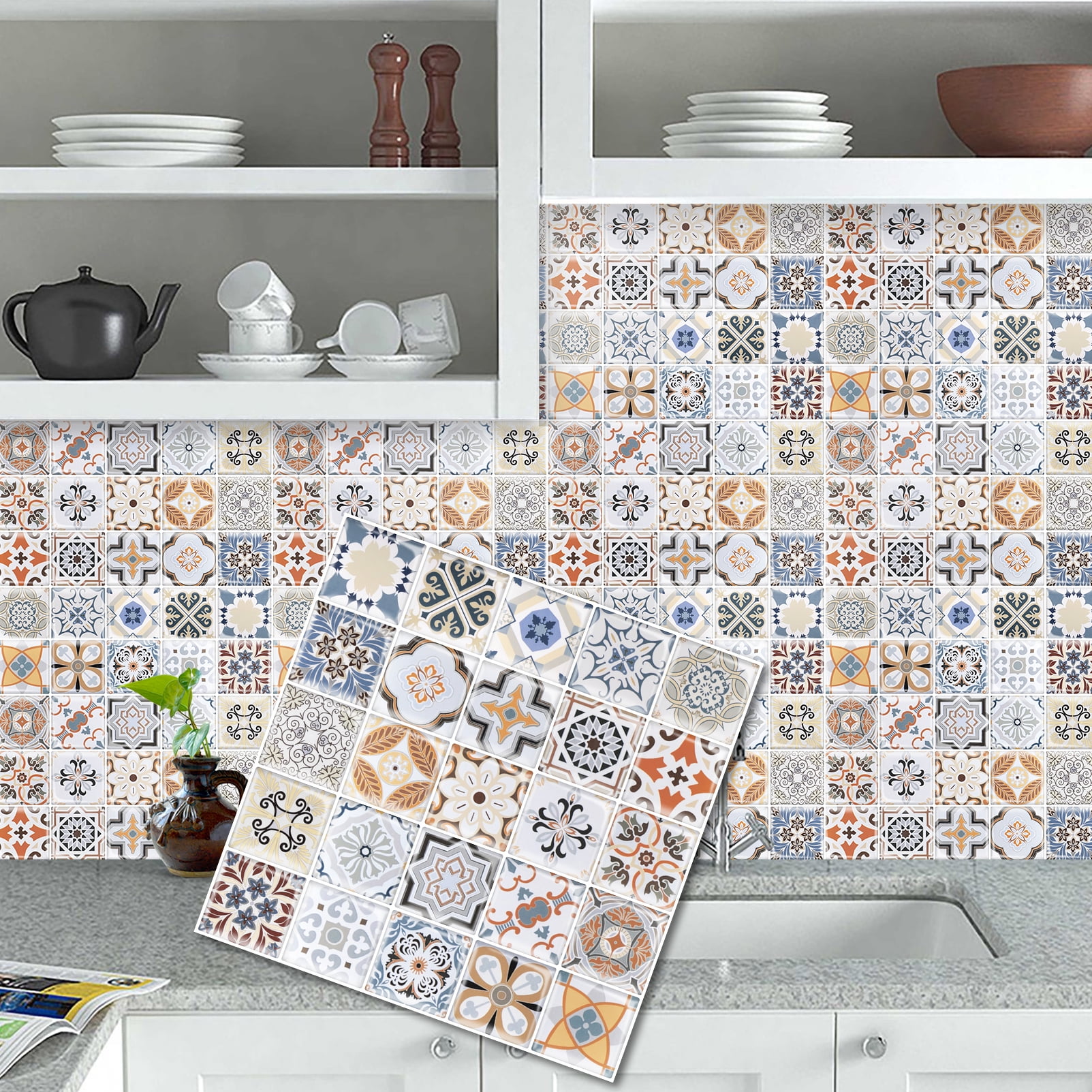 DEWOO 10PCS Mandala Tile Stickers, Peel and Stick Self Adhesive Removable Moroccan Tiles Backsplash Waterproof Oil Proof for Bathroom & Kitchen Wall Stickers Home Decor