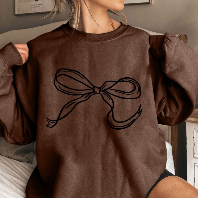 TIMIFIS Chandails en Molleton Marron pour Femmes Col Rond Manches Longues Pull Oversize Tops Tenues Décontractées Printemps Automne Imprimé Nœud Pulls pour Femmes - Printemps/été