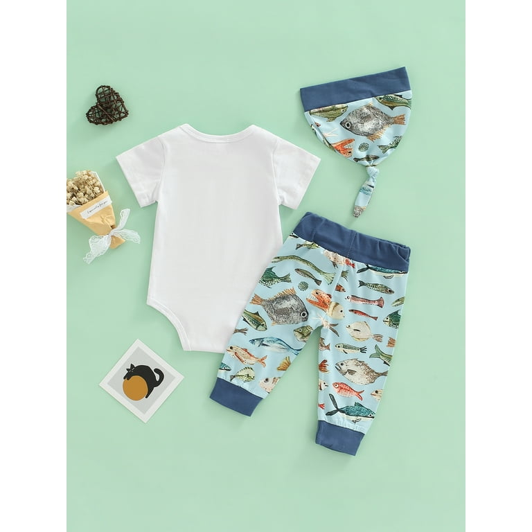 SHIBAOZI 3PCS Infant Baby Boy Girl Daddy's Fishing Buddy Short Sleeve  Romper Fish Print Pants Hat Clothes Outfit Set 