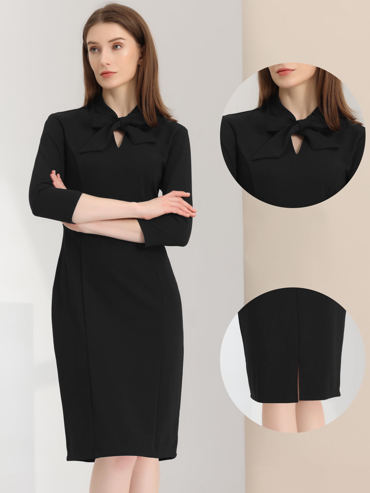Unique Bargains Women's 3/4 Sleeve Knee Length Midi Work Bodycon Dress XL Black