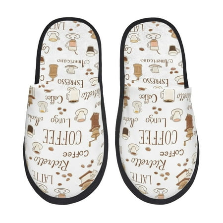 

Fuzoiu Coffee Print Unisex Furry Slippers Plush Indoor Shoes Trendy House Slippers Anti-Skid EVA Sole House Shoes for Home Office and Travel -Large