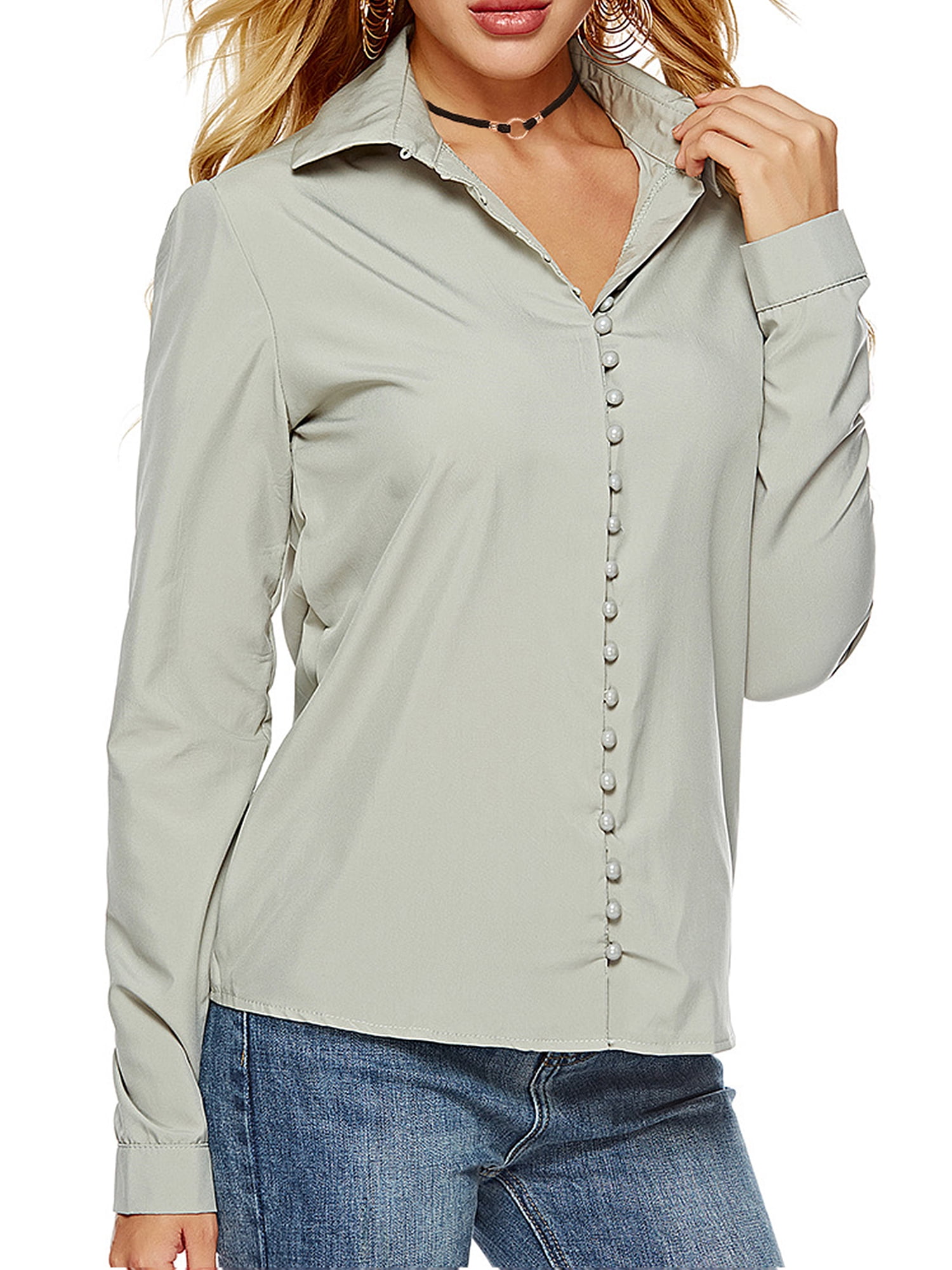 Bellella - Plus Size Women Long Sleeve Solid Button Down V Neck T-Shirt ...