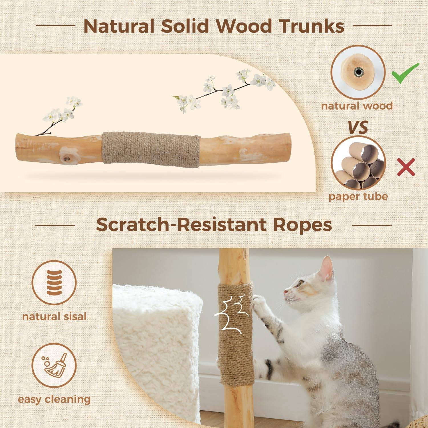 PEQULTI 38''Modern Cat Tree with Large Condo and Wood Sisal Scratching Post for Indoor Cat White
