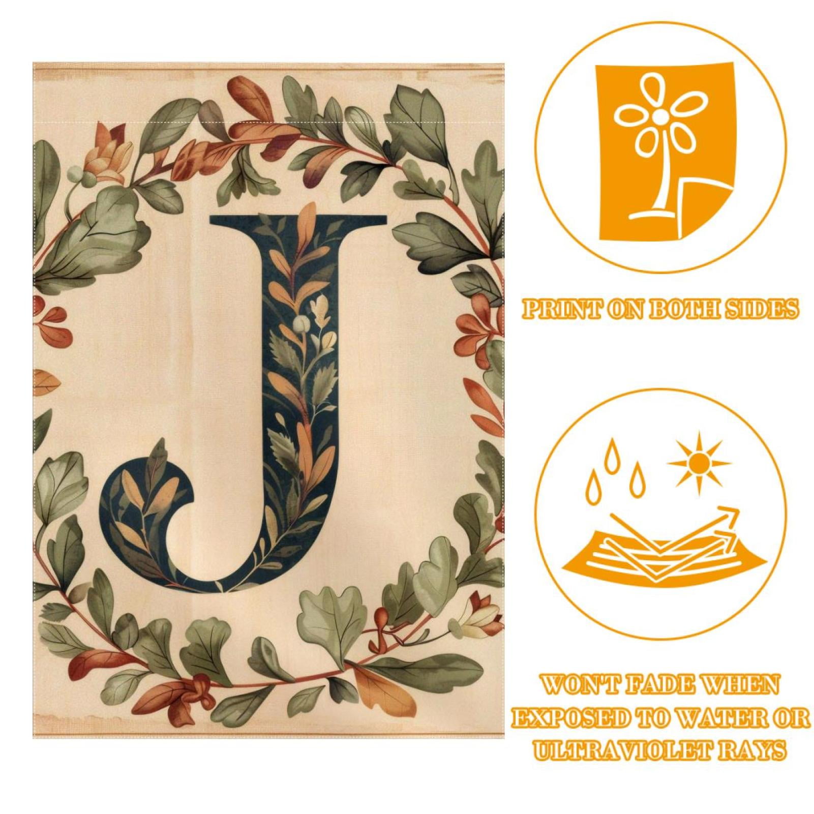 Welcome Letter J with Wreath Retro Pattern Garden Flag, Vertical Double Sided Small House Flag, Yard Farmhouse Outdoor Deck Veranda Lawn Decor 28x40 Inch