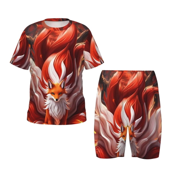 Balery Red Leaf Flame Fox Conjunto de Pijama Infantil de Manga Corta con Estampado – Ropa de Dormir de Algodón Suave-Large