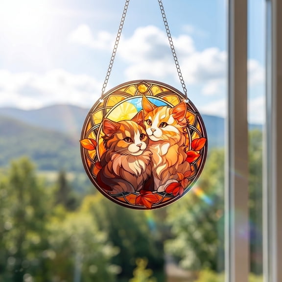 Cute Cat Acrylic Suncatcher for Window Hanging, Stained Glass Window Hanging Sun Catcher with Chain, Colorful Decorative Ornaments for Home Window Art Decor