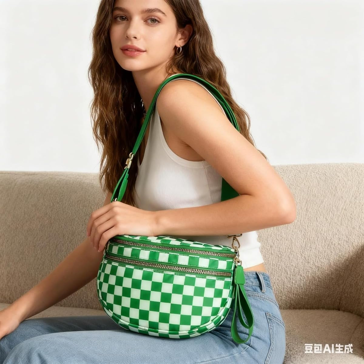 Baguery Women's Trendy Nylon Crossbody Bum Bag - Plus Size Fanny Pack Sling Belt Bag (Beige White Grid/Kelly Green), 3-Zipper Compartments​