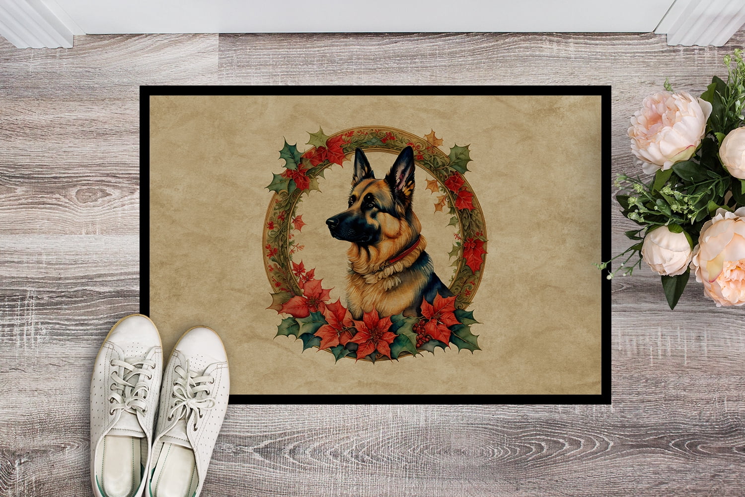 Carolines Treasures DAC2367MAT 18 x 27 in. Unisex German Shepherd Christmas Flowers Doormat