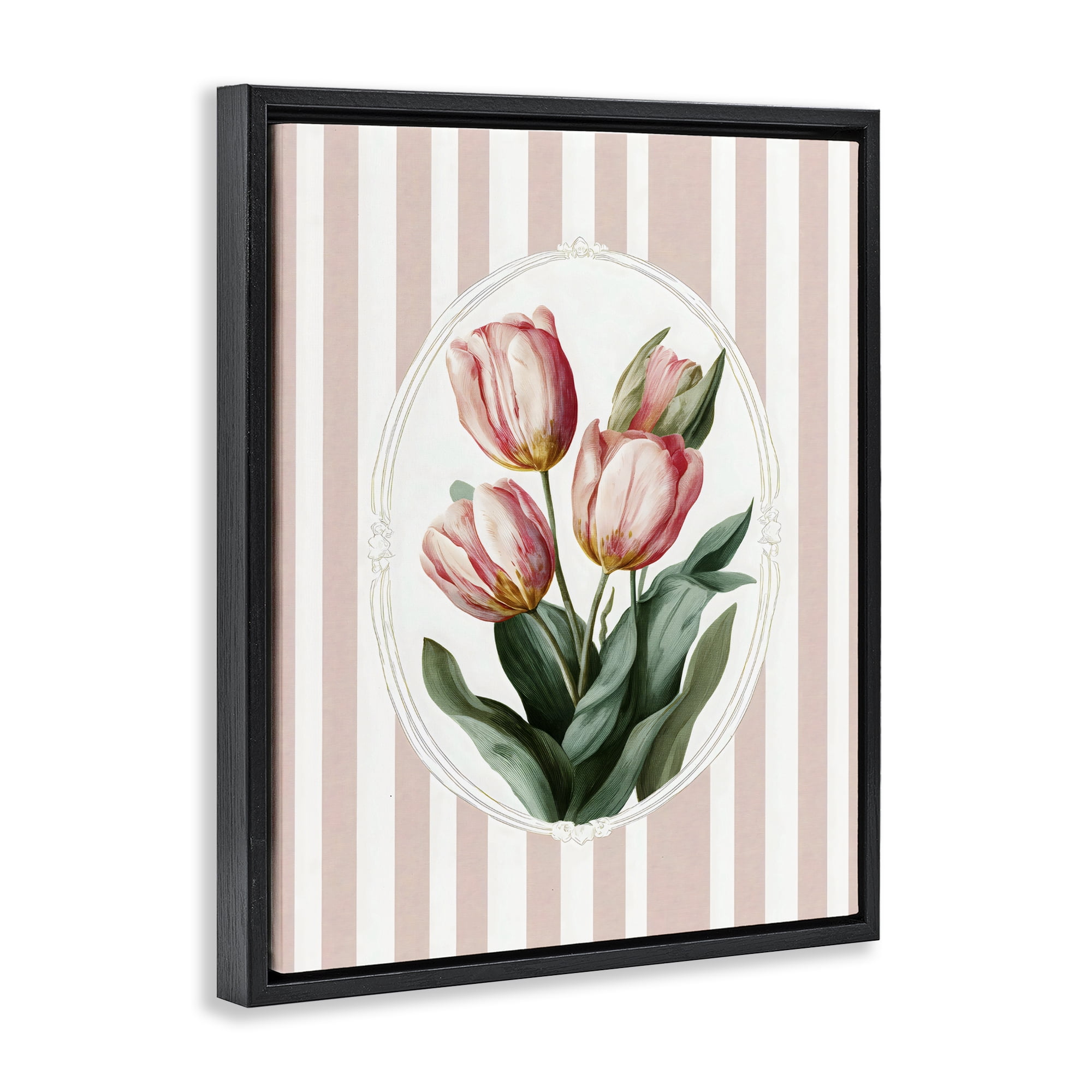 Stupell Industries Vintage Tulips on Stripes Black Framed Floater Canvas Wall Art, design by Ink Drop Loft