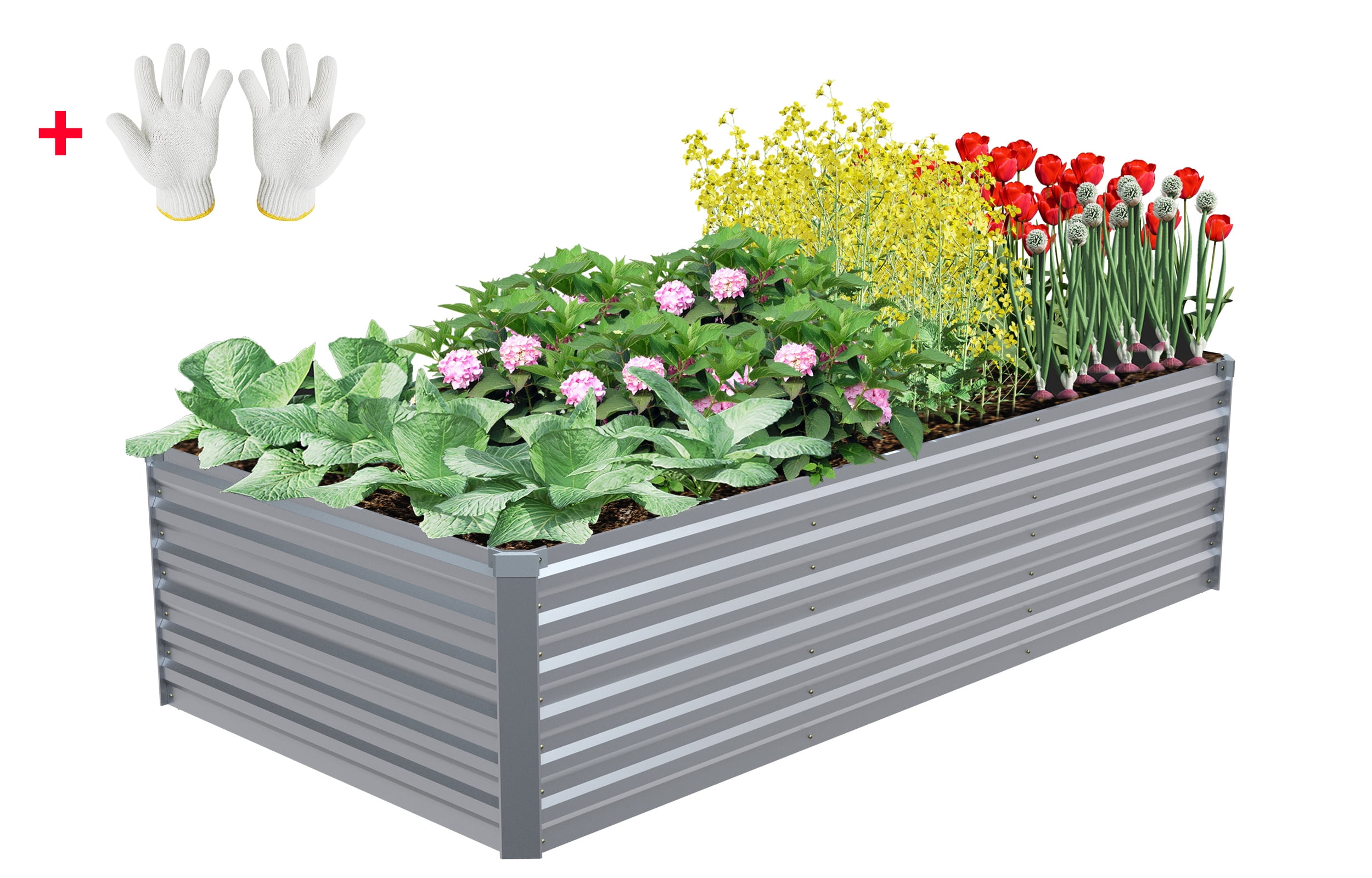 AMOBRO 8x4x2ft Outdoor Metal Raised Garden Bed Planter Box for Vegetables, Flowers, Herbs w/ 3 Tomato Cages Silver