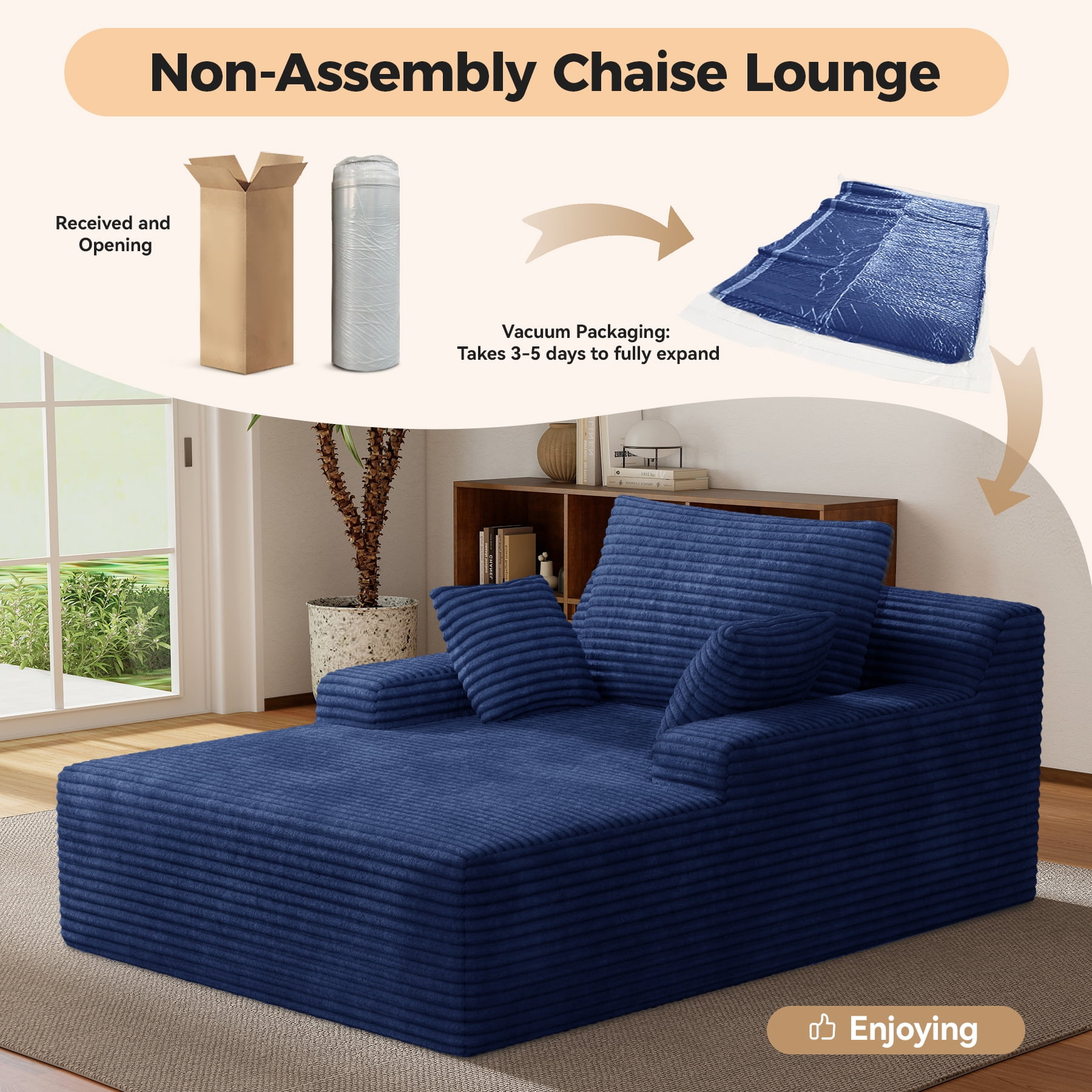 MOONMISS 68" Oversize Chaise Lounge Chair Indoor,Comfy Non-assembly Sofa Couches With 3 Pillows,Blue