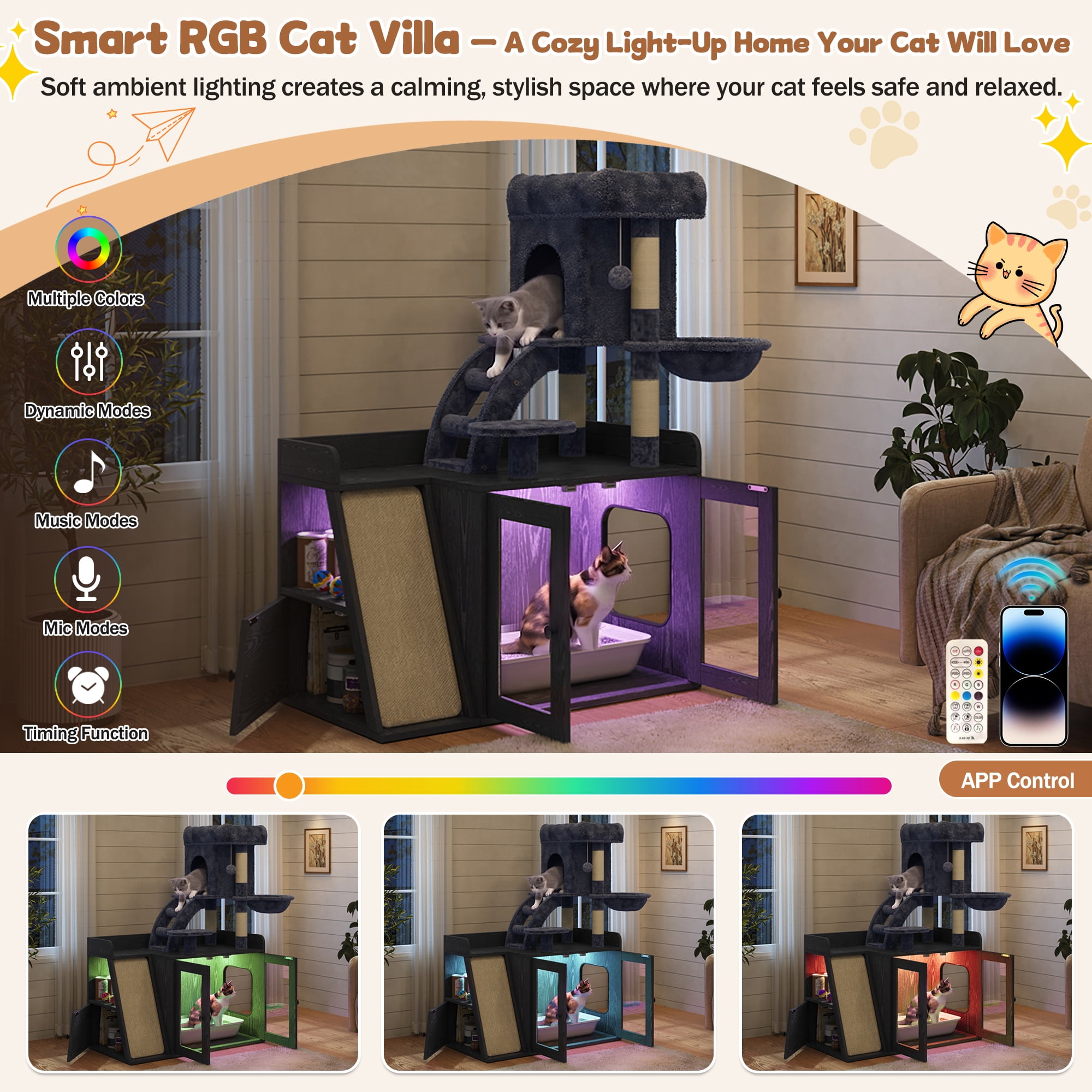 Euroco Cat Tree with Litter Box Enclosure, All-in-one Cat Tower with LED Light,Sisal Scratching Post,Hammock,House,Platform & Storage Space,Hidden Litter Box Furniture with Condo,Black