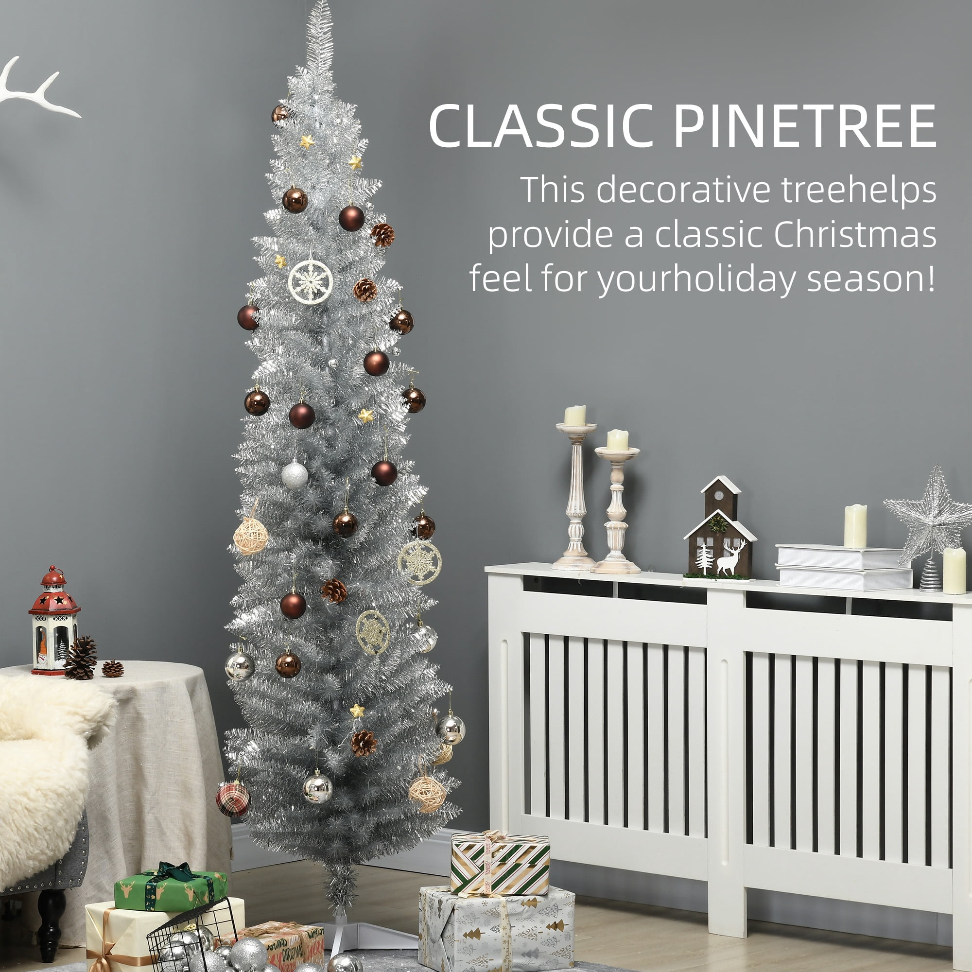 Astoutdoor Artificial Christmas Tree, Silver, Plastic, 7 ft Pencil Style with 499 Tips