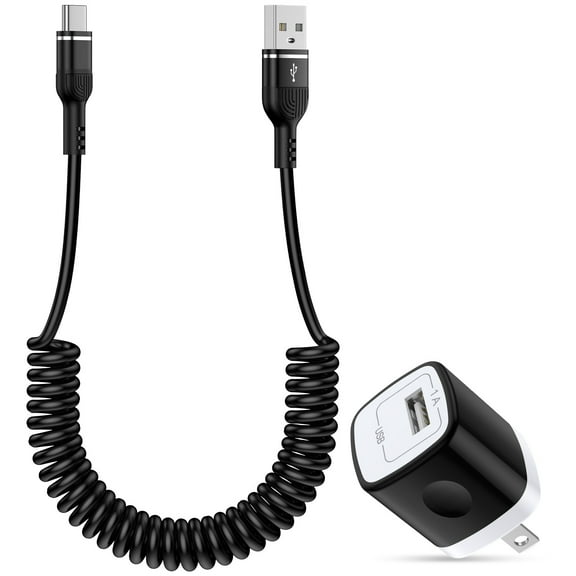 USB C Charger Block, 6ft Coiled USB A to Type C Cable Fast Charging Cable with Wall Charger Adapter, Power Delivery Charging Cord USB Brick Cube Power Station Compatible with Samsung Android, Black