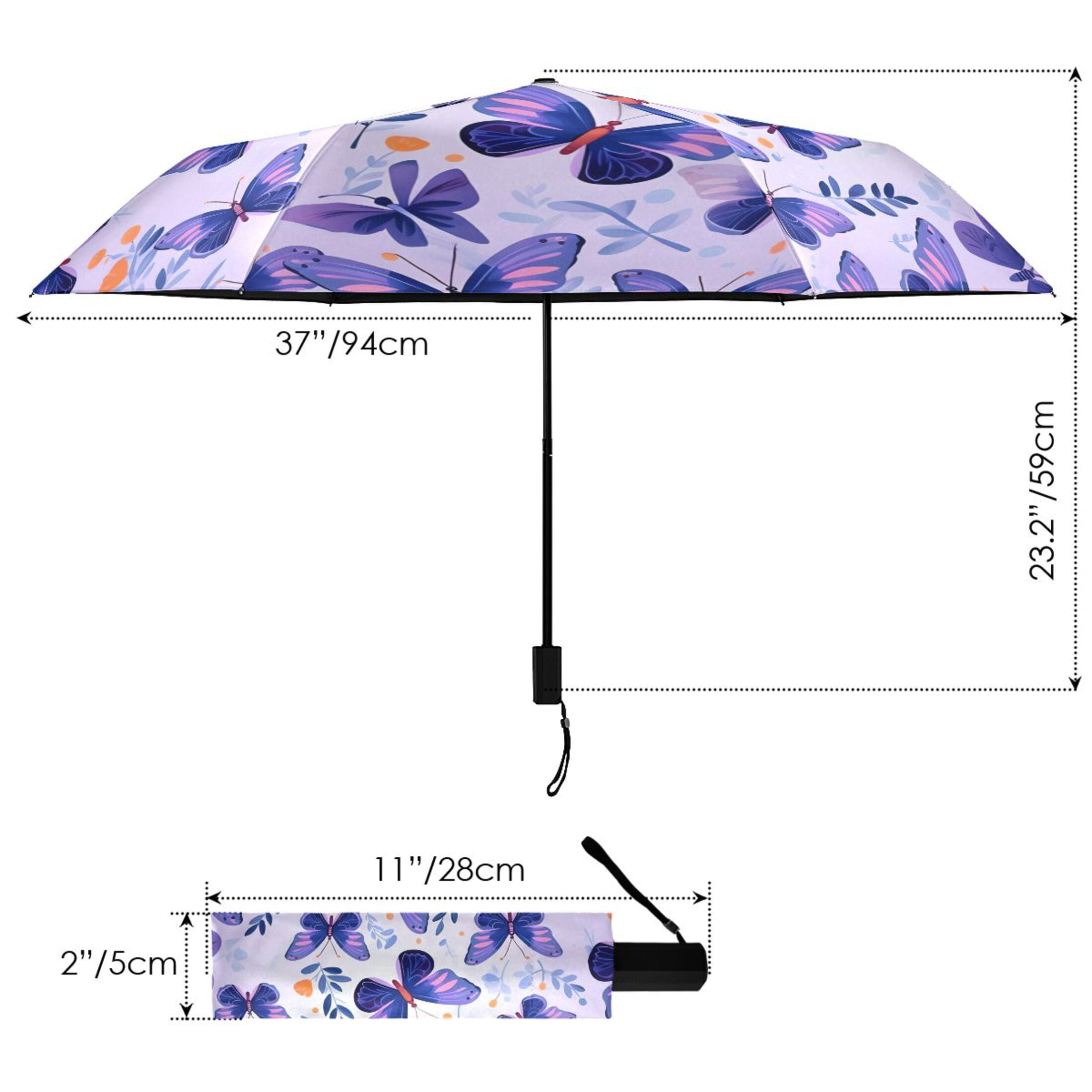 Butterflies in Purple Compact Folding Umbrella for Rain Windproof Travel Umbrella UPF 50+ Lightweight Packable Arc Size