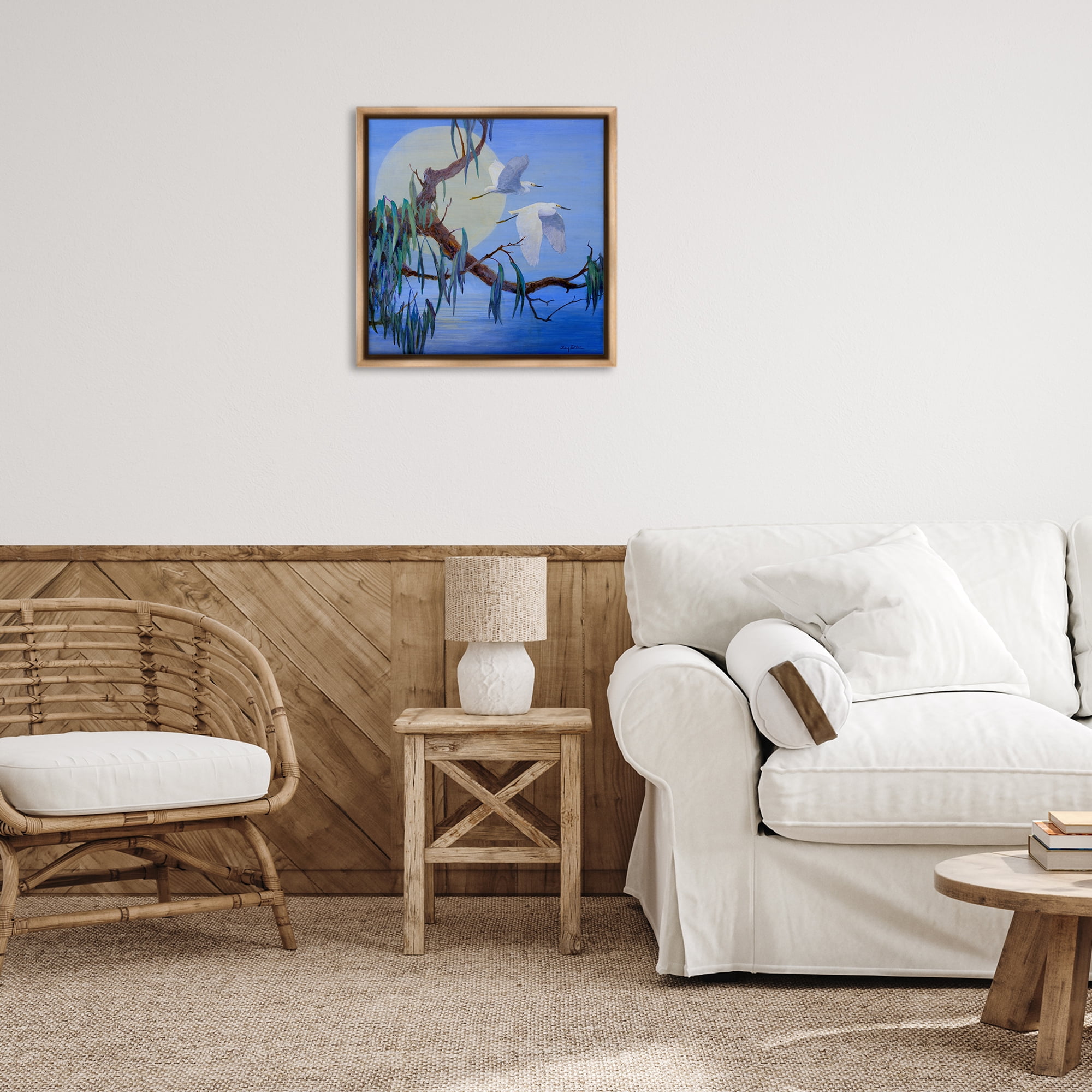 Stupell Industries Shining Moon & Birds Birds Painting Brown Floater Framed Canvas Art Print Wall Art, 25 x 25