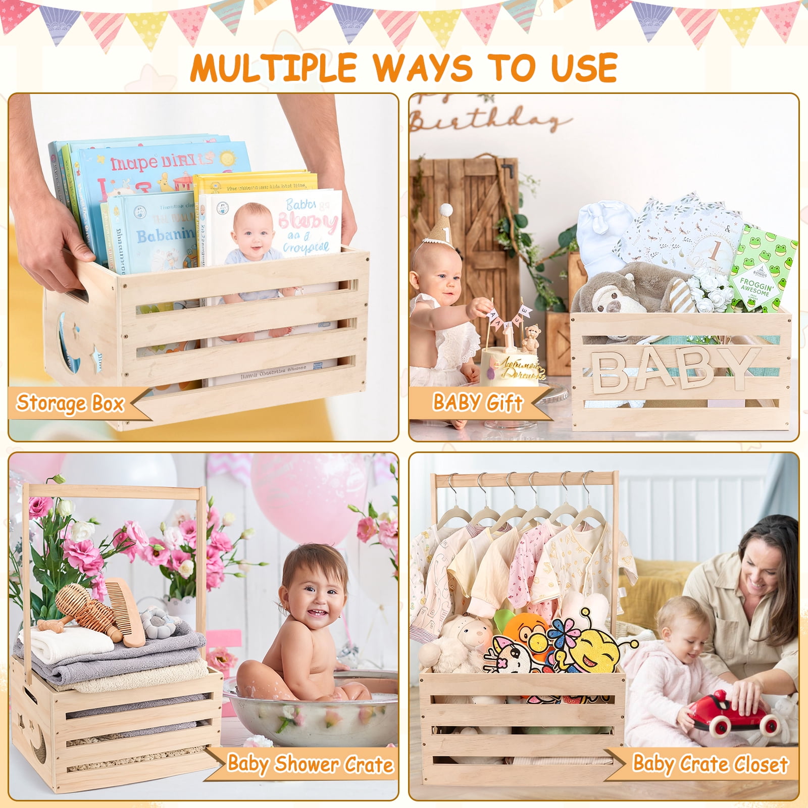 Larger Size-Baby Shower Crate Closet, Wooden Baby Shower Baskets with Handle, Personalized Wood Crate for New Baby Gift