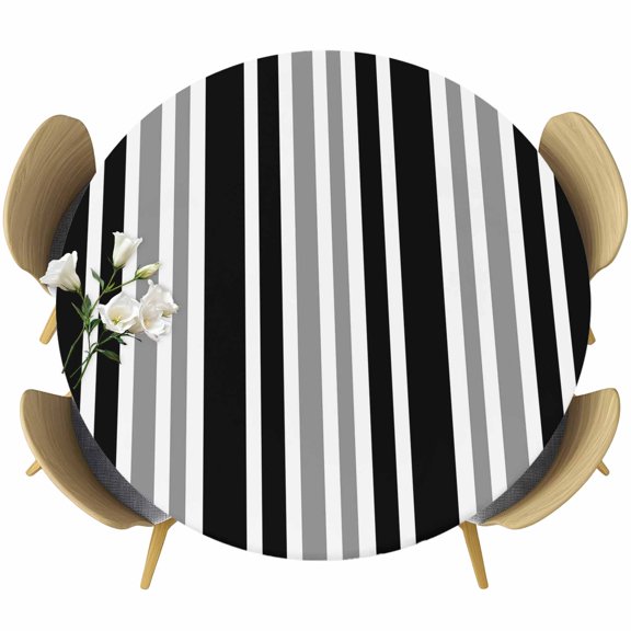 Black Grey Stripe Round Tablecloth, Fitted Table Cover with Elastic for 45"-54" Round Tables, Farmhouse Minimalist Striped Table Cloth Outdoor Indoor Dinning Party Waterproof Tablecloths