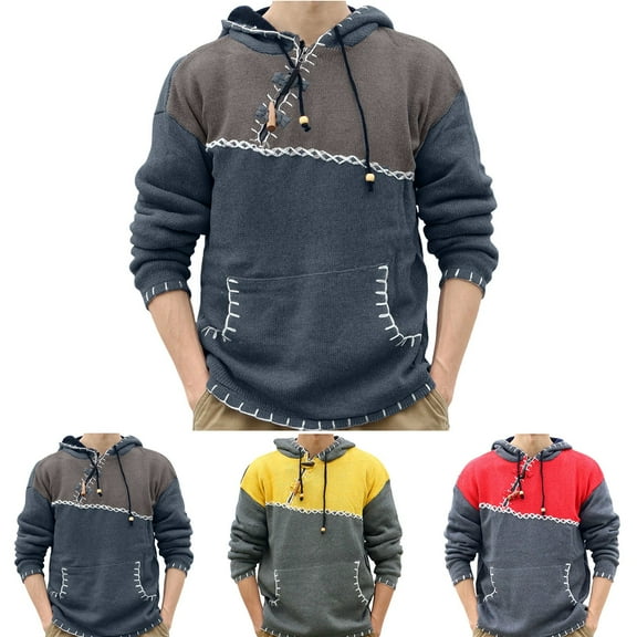 UVEASISHA Knit Sweater Hoodies for Men Vintage Colorblock Patches Pullover Sweaters Zip Up Drawstring Hooded Jumper Tops 2025 Fall Fashion Knitted Sweatshirt Gray L