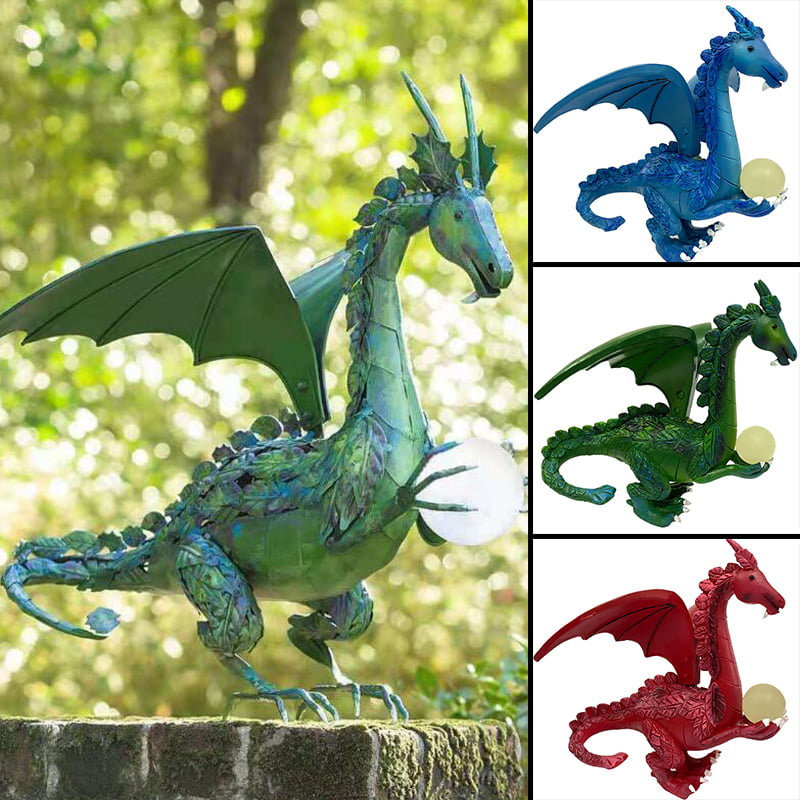 Dragon Statue with Solar Pearl Resin Crafts Ornaments Garden Courtyard Decor 
