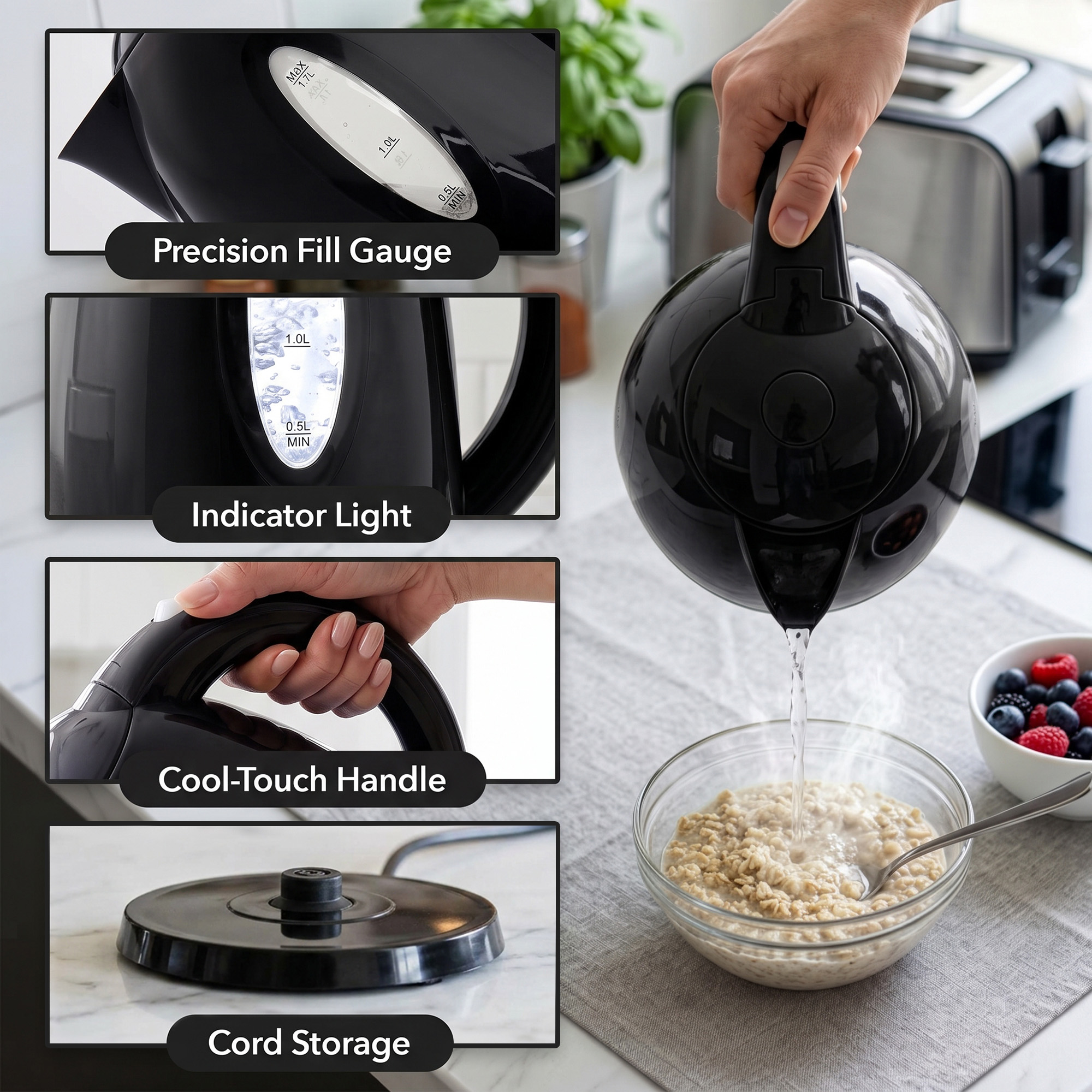 Ovente 1.7L Electric Kettle, 1100W Fast Boiling, Black photo 4
