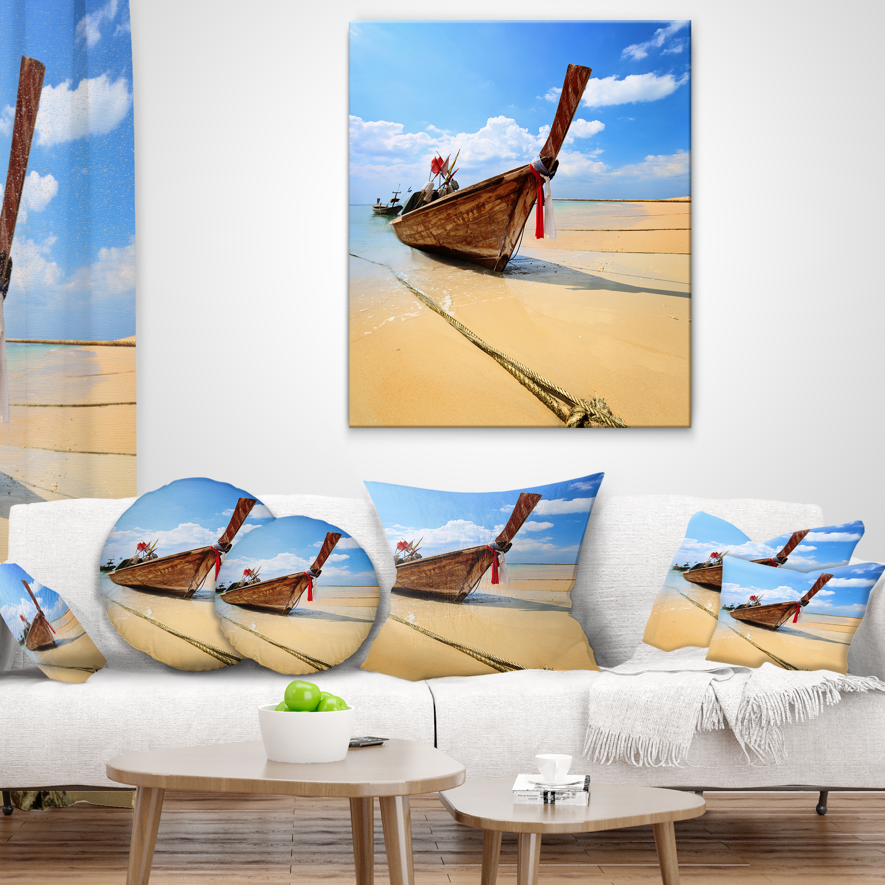 Designart Thai Long tail Boat - Beach and Shore Throw Pillow - 16x16