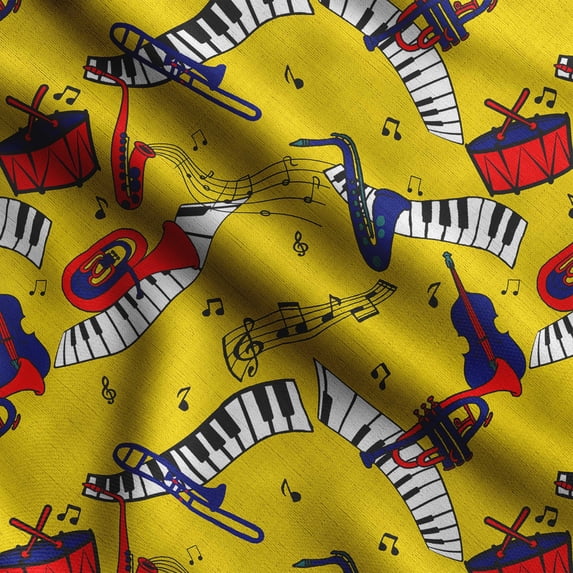 Soimoi Musical Instruments Print,Cotton Cambric, Quilting Fabric Sold by The Yard 42 Inch Wide, Medium Weight Cotton Fabric, SewingSupplies,White,Yellow & Red
