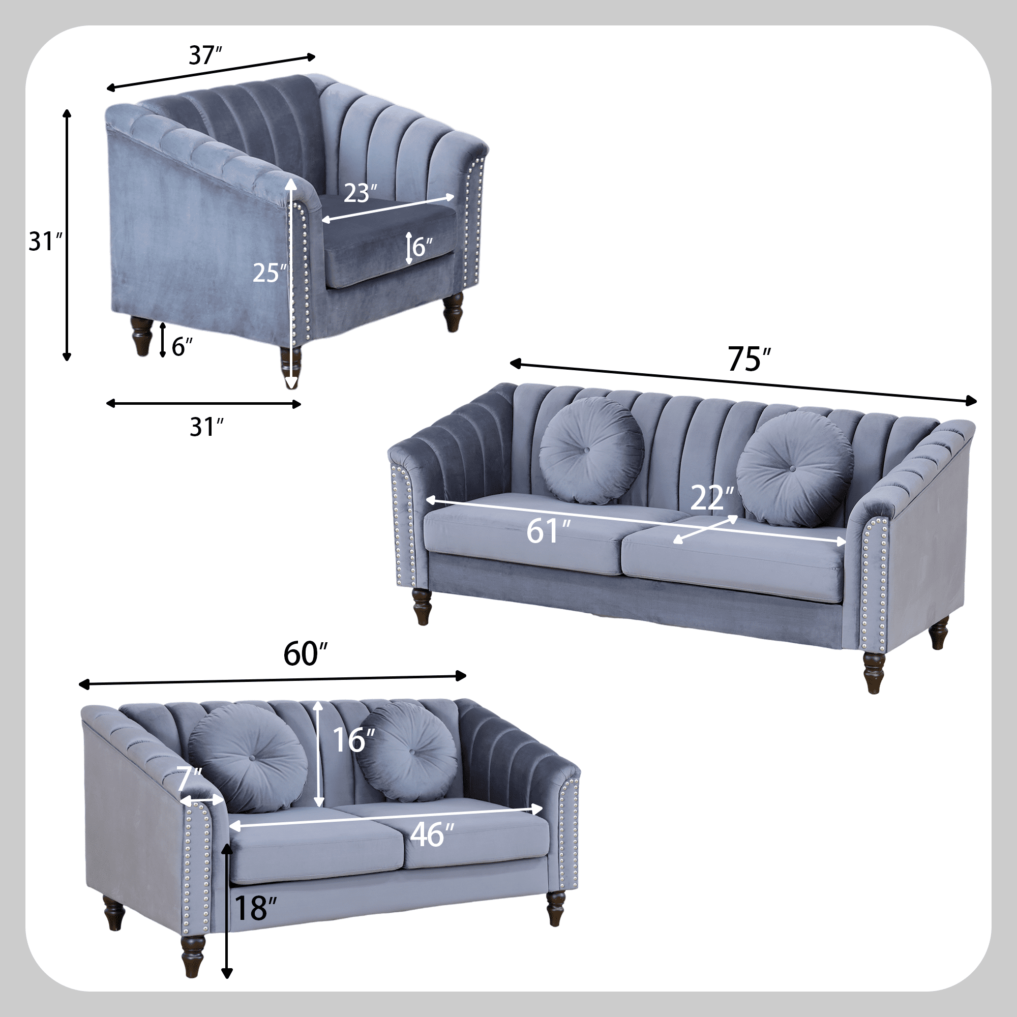 Aukfa 2 Pieces Sectional Sofa Couch Set, 21" Deep Seat Sofa for Living Room, 3 Seat Sofa, Loveseat,Gay