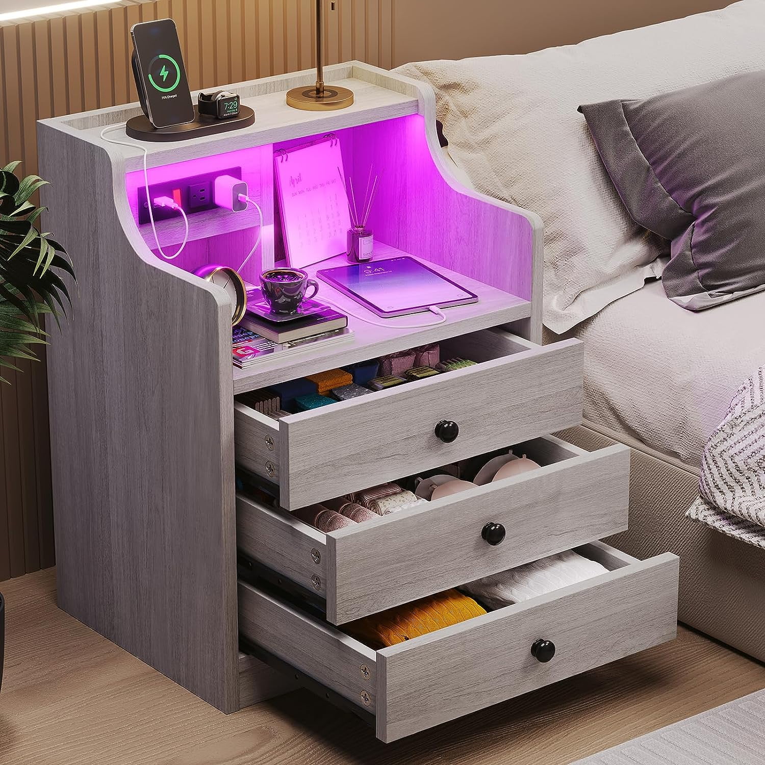Night Stand with Charging Station and LED Ligts,LED Nightstand with 3 Drawers and Hutch,Bedside Table with Shelves,Grey