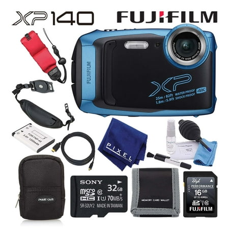Fujifilm FinePix XP140 Waterproof Digital Camera (Sky Blue) Value Accessory Bundle Includes 32GB Memory Card, Floating Wrist Strap, Professional Cleaning Kit, and Much