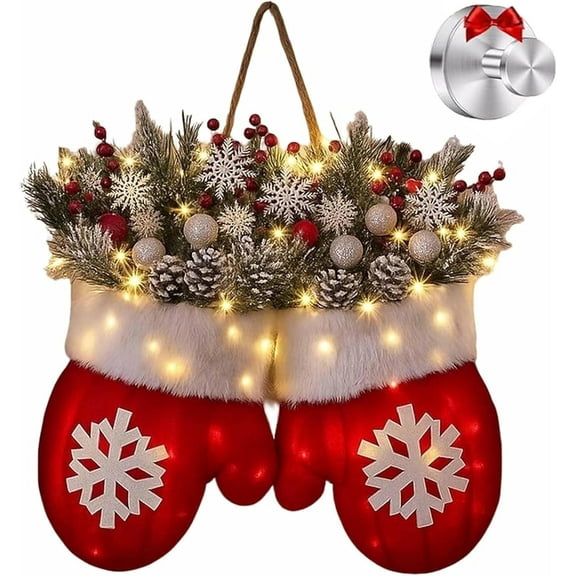 Twinkling Christmas Mitten Wreath - with 120 LED Lights & 10H Auto Timer, Christmas Lighted Werath, with Faux Pine Branches, Berries & Pinecones, Christmas Decorations - 1Pc
