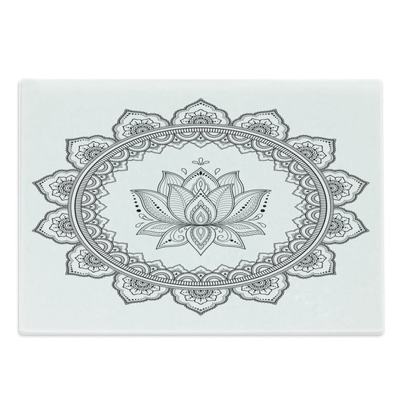 Lotus Flower Cutting Board, Round Concept in the Form of a Mandala with a Flower in the Middle, Decorative Tempered Glass Cutting and Serving Board, in 3 Sizes, by Ambesonne