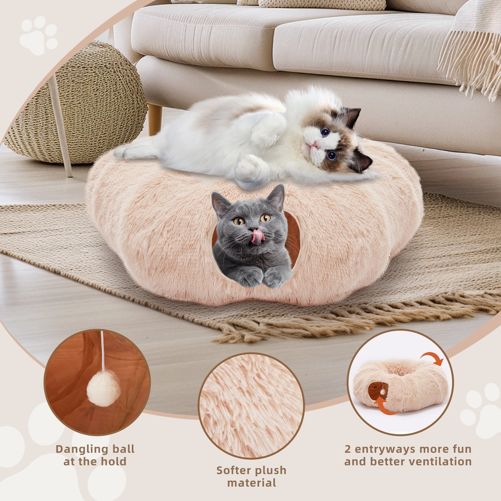 LIFERECORD Cat Tunnel with Cat Bed for Indoor Cats, Under Christmas Tree Soft Plush Peekaboo Cat Cave Donut Tunnel, Multifunctional Playground Toys Hideplace for Kittens, Rabbit - Bege
