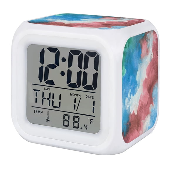 Blue Pink Ombre Digital Alarm Clock for Bedrooms, Smart LED Alarm Clock with 7 Color Changing Night Light, Abstract Art Clouds Artwork Silent Wake Up Clocks for Sleep Study Cooking 3.2"x3.2"