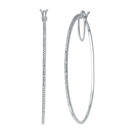Genuine 0.02 Carat Natural Diamond Accent Hoop Earrings  In 14K White Gold Plated