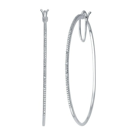 Genuine 0.02 Carat Natural Diamond Accent Hoop Earrings In 14K White Gold Plated