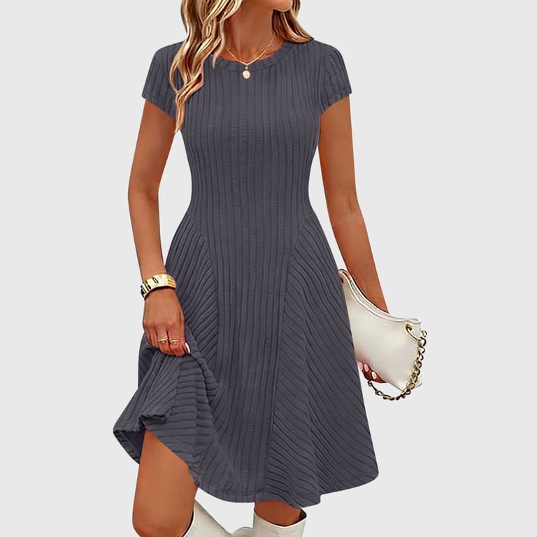 Haiming Women's A Line Midi Dresses Scoop Neck Short Sleeve Solid Color Lounge Dresses Summer Vacation Business Casual Dress, Size: XL, Gray