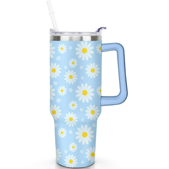 1pc daisy 40oz Tumbler with Straw & Handle - Insulated Stainless Steel Cup | Holiday Gift for Man Women (Christmas, Valentine's, Birthday)