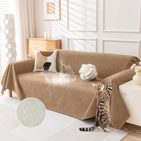Cat-Scratch Resistant Couch Cover, Waterproof Sofa Cover for 3 Cushion Couch Washable, Pet Friendly Couch Protectors Anti Slip Thickened Love Seat Slipcovers for Dogs Pets,71" x 118",Brown