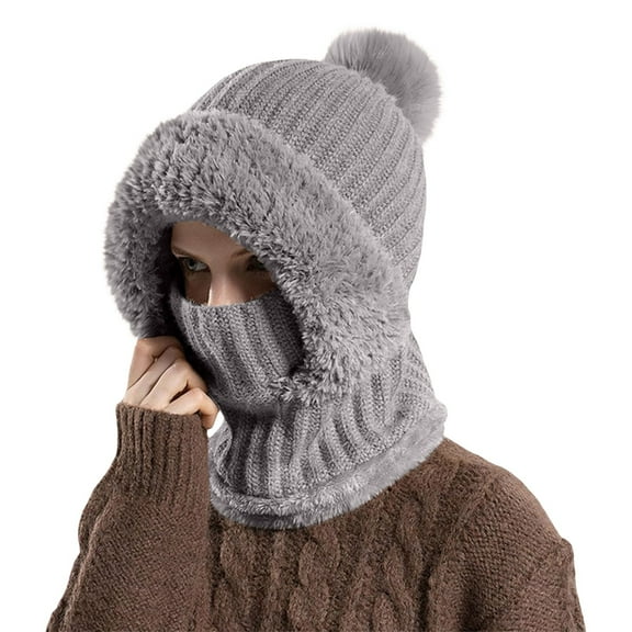 Women's 3-in-1 Beanie Balaclava, Fleece Lined Pom Pom Hat with Neck Warmer and Face Mask, Cycling Winter Hat with Faux Fur Brim for Cold Weather Ski - Grey