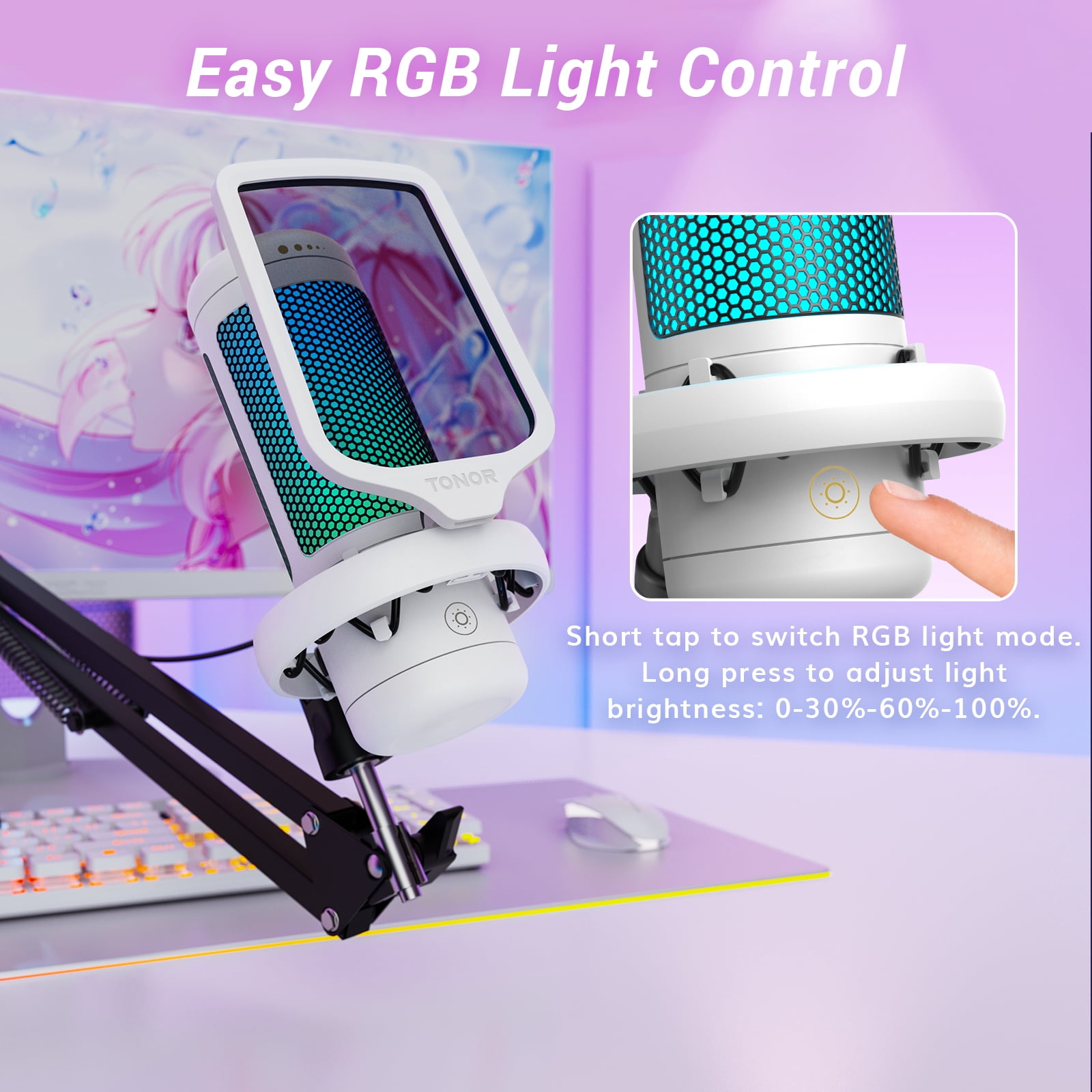 TONOR TC310+ Gaming Microphone Set Type-C Plug,  Desktop USB Microphone with RGB, Quick Mute, for Twitch, Streaming, Podcast, Studio Recording, Discord Chatting, 200 cm/78 inch Cable, White