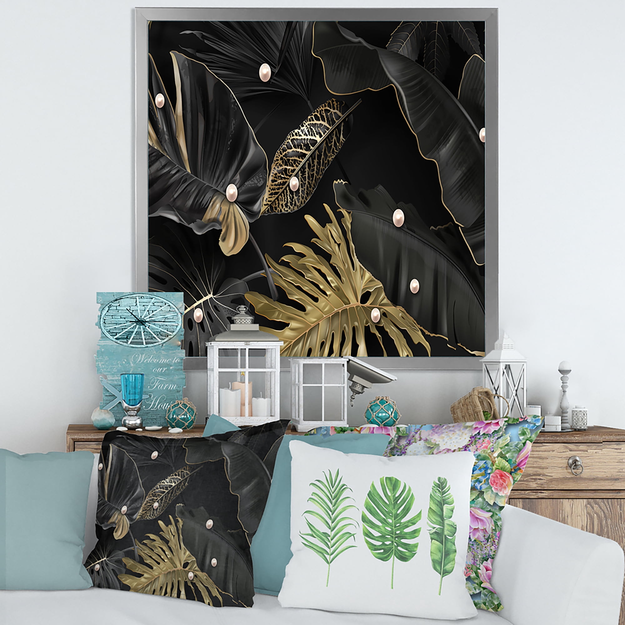 Designart 'Gold and Black Tropical Leaves III' Modern Framed Art Print