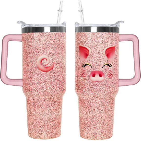 40 Oz Pink Pig Tumbler With Handle 40oz Pig Theme Tumbler With Lid Straw Double Insulated Travel Coffee Cup Womens Gifts