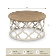Bestco 30in Round French Country Coffee Table, Farmhouse Coffee Table, Distressed Wood Tray Top Vintage Coffee Table with Storage Shelf, Beige